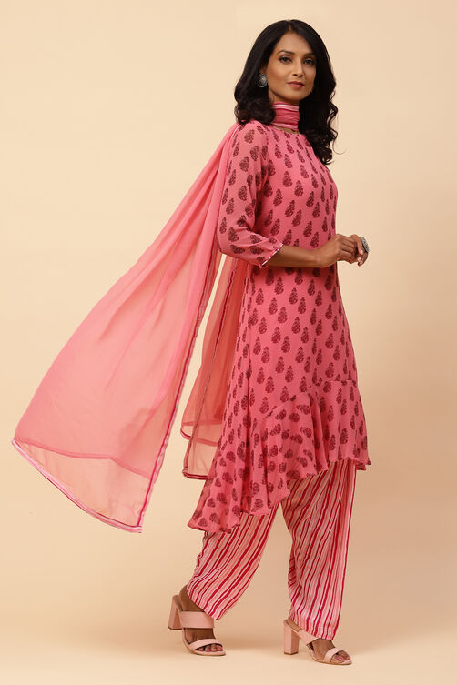 Pink Art Silk Asymmetric Kurta Salwar Suit Set image number 0