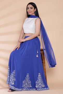 Off White And Blue Poly Cotton Lehenga Set image number 6