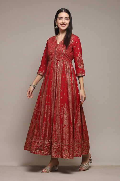 Red Cotton Flared Printed Dress image number 3