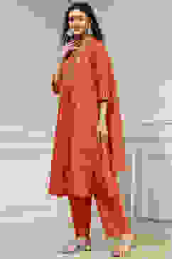 Orange Silk Embroidered Gathered Straight Suit Set image number 3