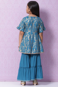 Blue Rayon Flared Printed Kurta Set image number 4