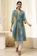 Blue Printed Pleated A-Line Kurta image number 5