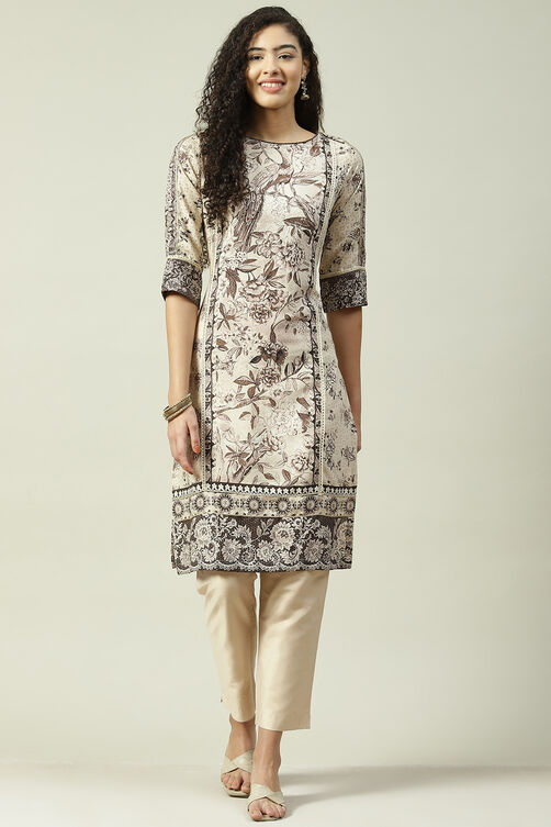 Beige LIVA Straight Printed Kurta image number 0