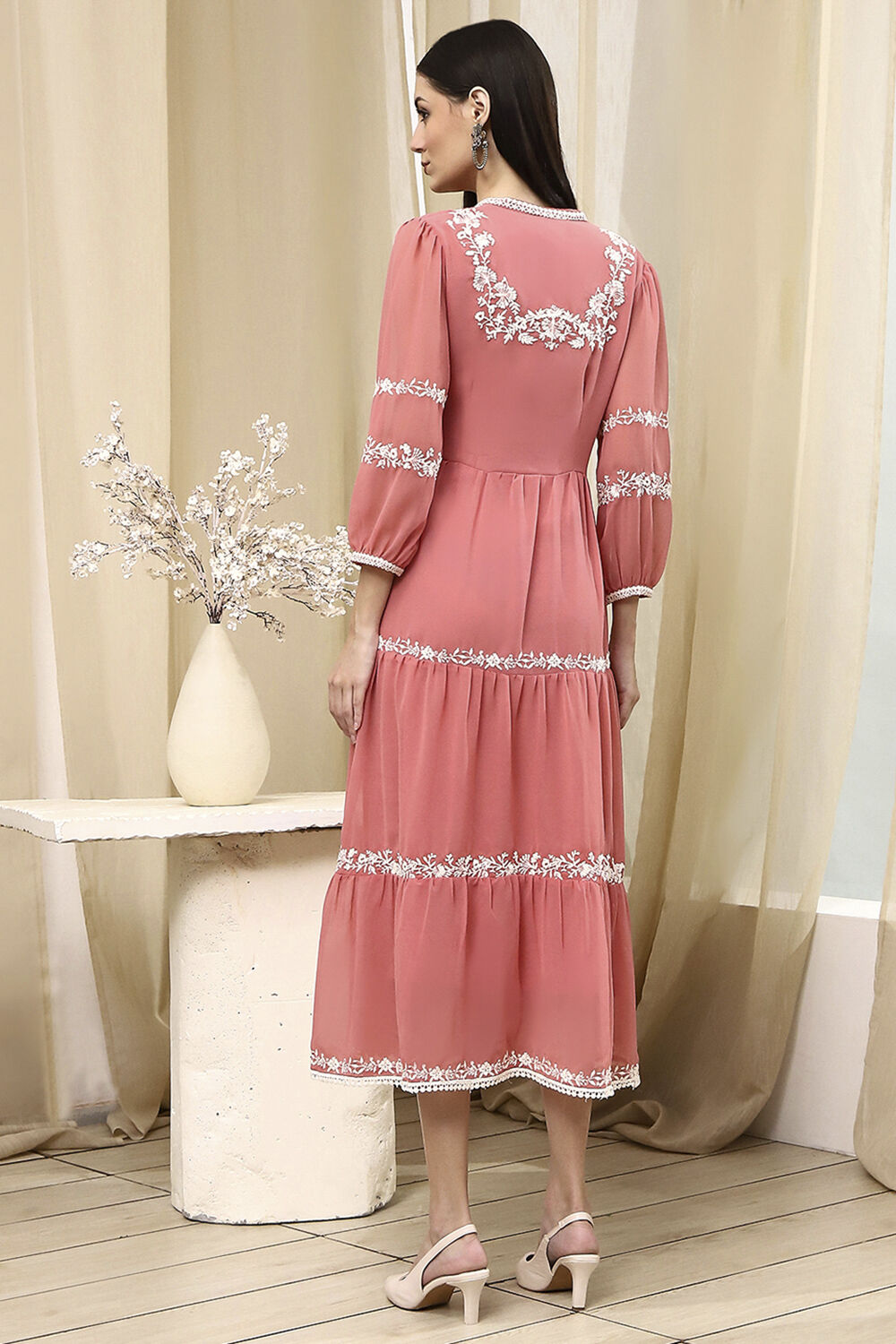 Light Pink Embroidered Tiered Dress image number 3