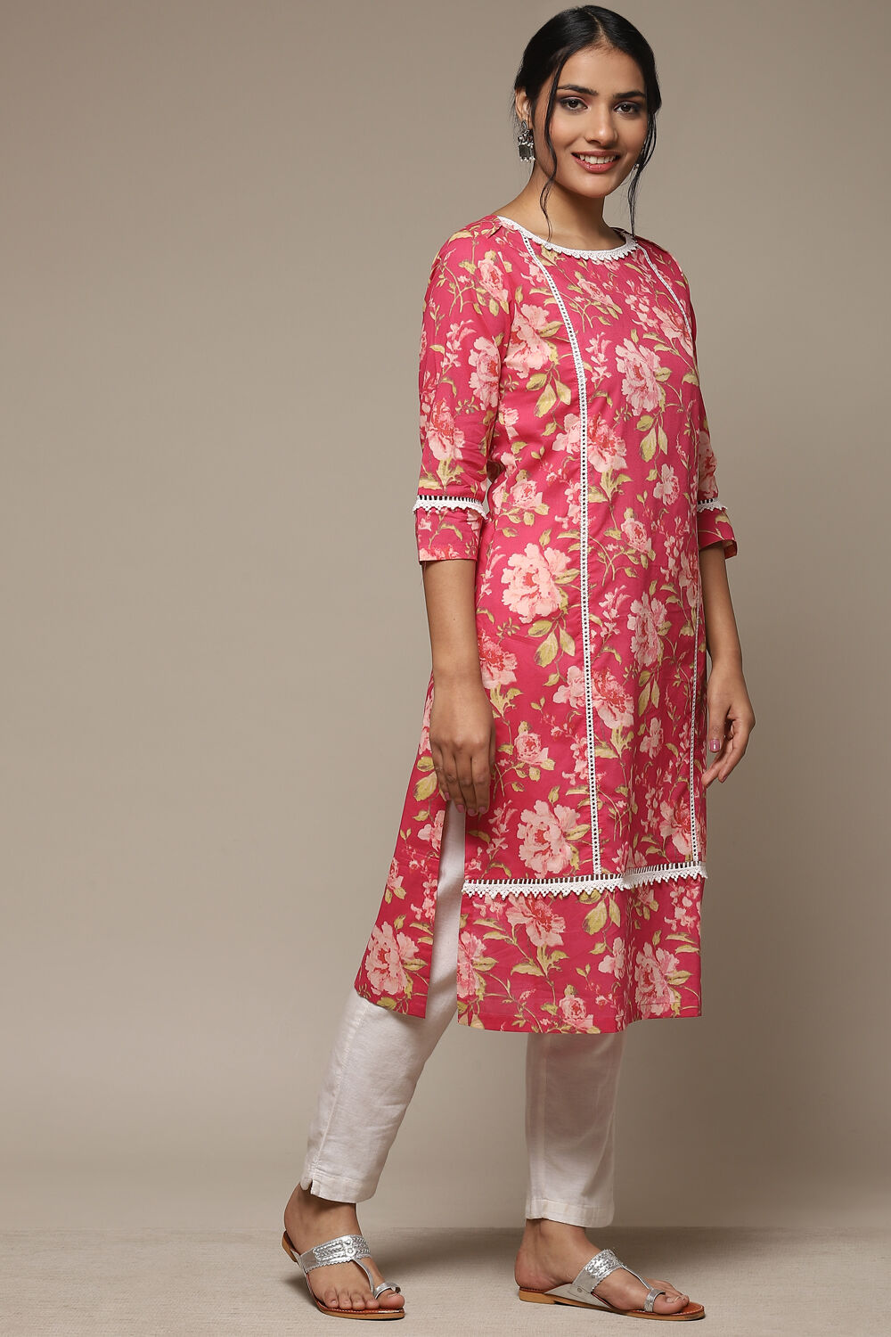 Pink Cotton Straight Printed Kurta image number 3