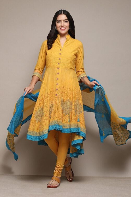 Yellow & Blue Cotton Anarkali Solid Kurta Churidar Suit Set image number 0