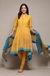 Yellow & Blue Cotton Anarkali Solid Kurta Churidar Suit Set