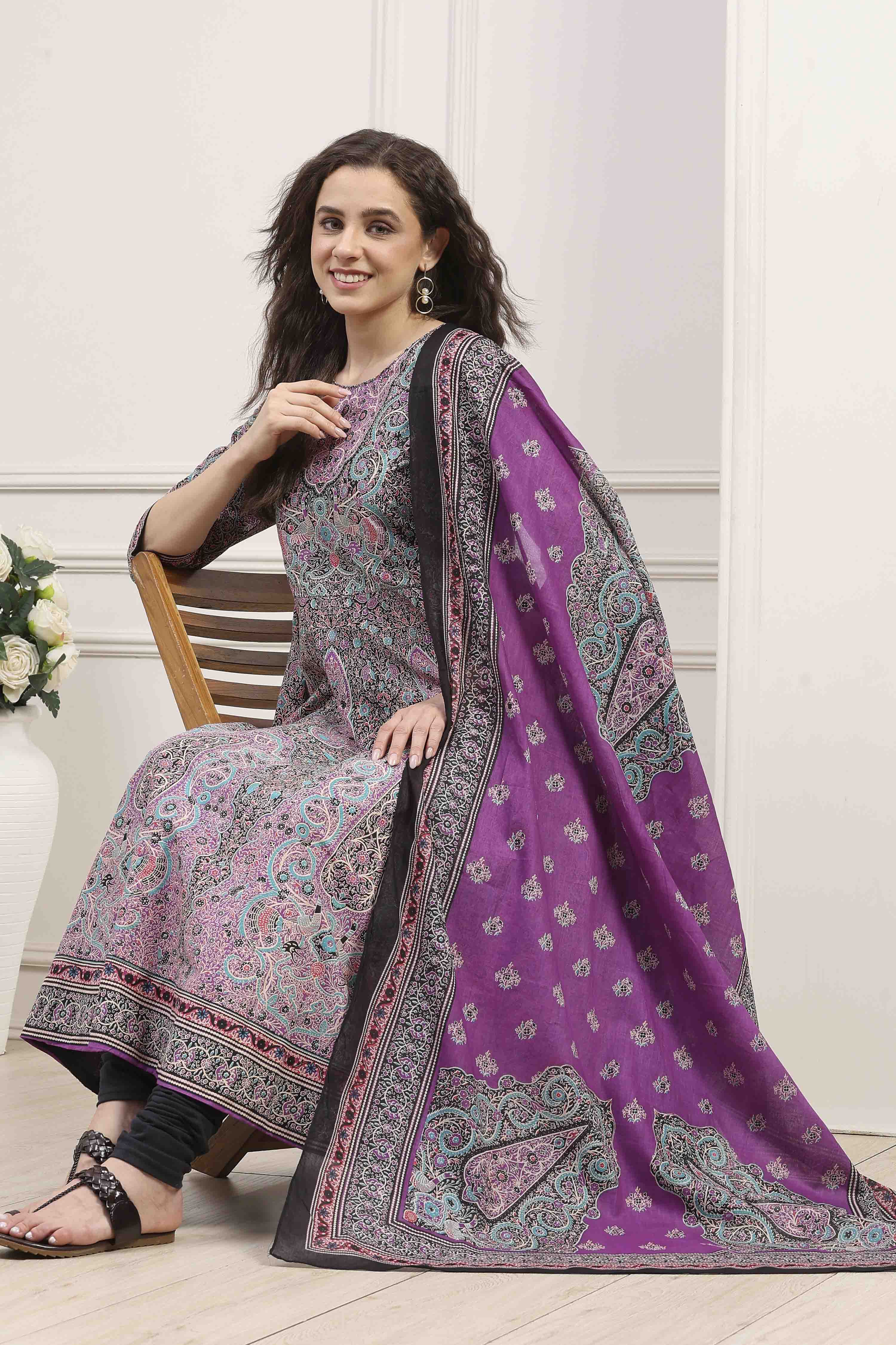 Purple Cotton Printed Anarkali Suit Set image number 0