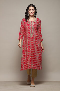 Pink Rayon Straight Printed Kurta image number 2