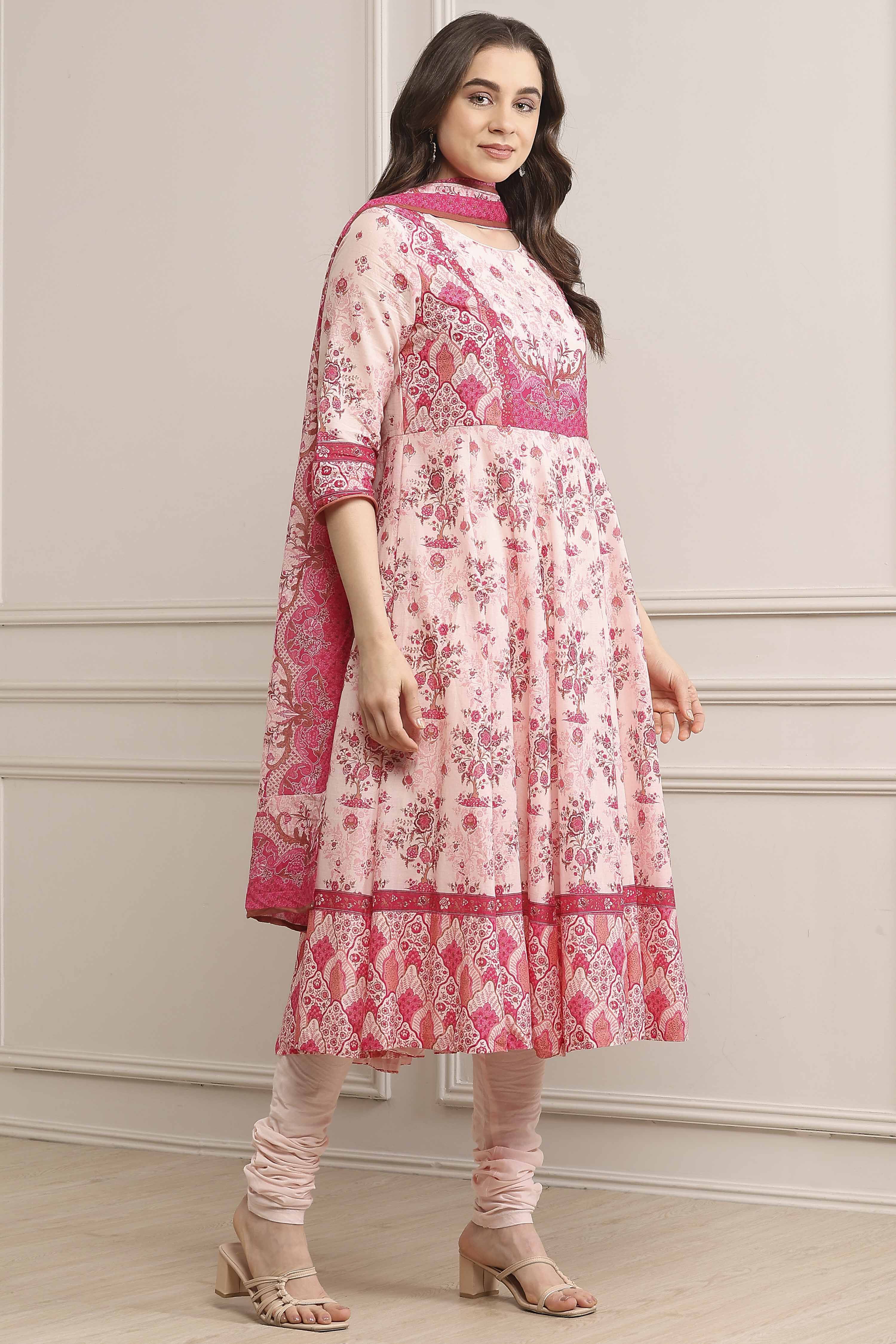 Light Pink Cotton Printed Anarkali Suit Set image number 5