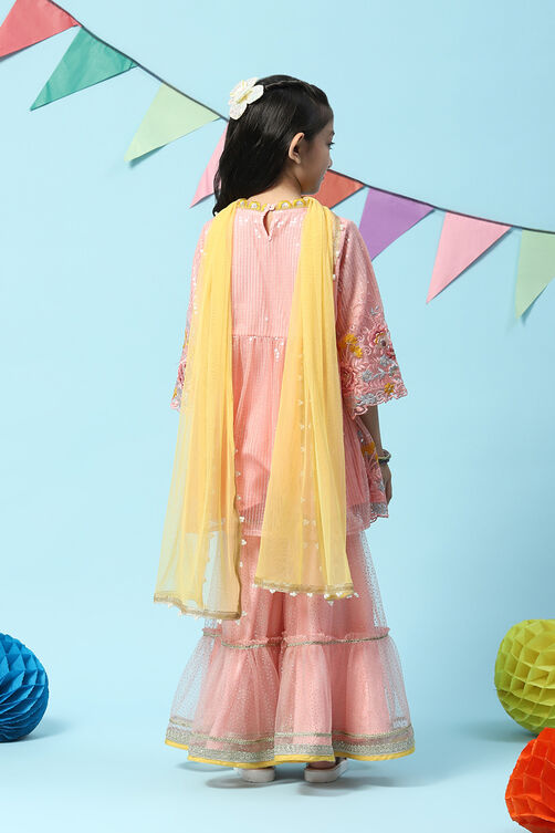 Peach Nylon Gathered Embroidered Kurta Garara Suit Set image number 4