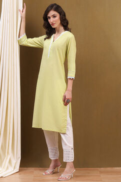 Light Lime Green Cotton Solid Regular Fit Straight Kurta image number 0