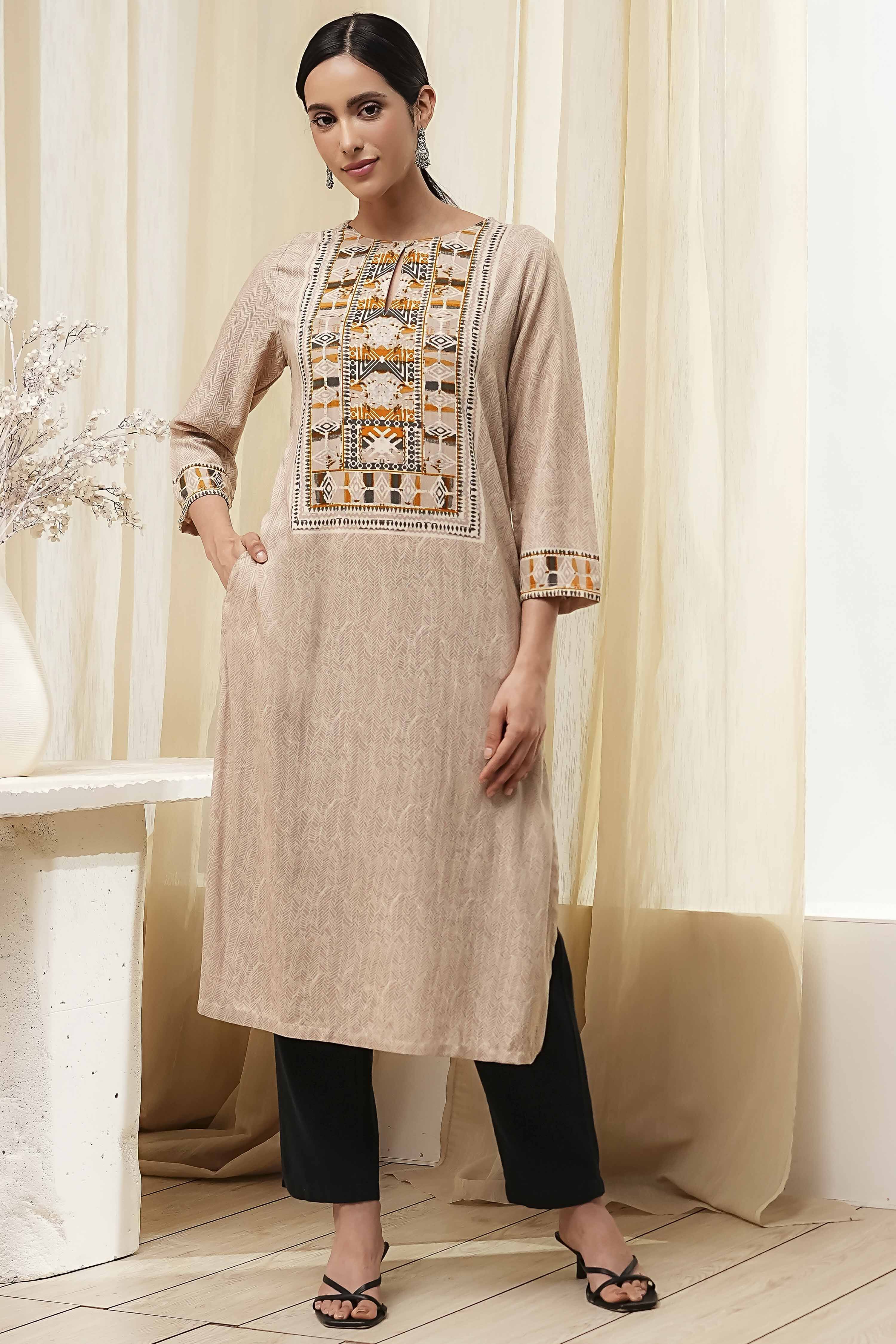 Beige Printed Straight Kurta image number 5