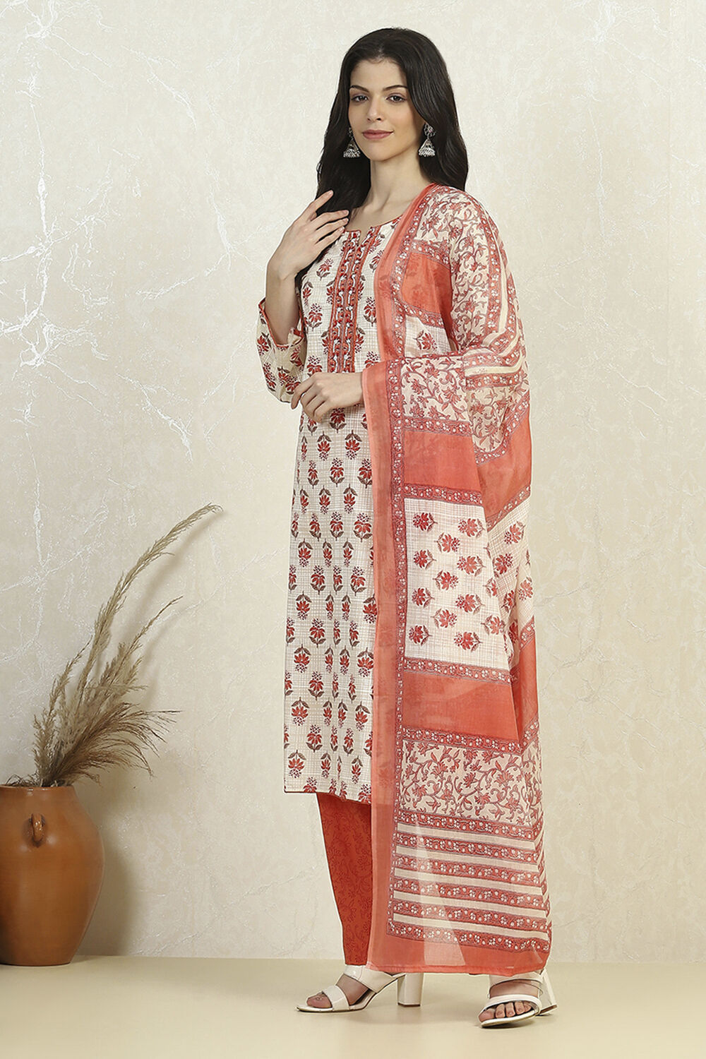 Orange Cotton Printed Embroidered Unstitched Suit Set image number 4