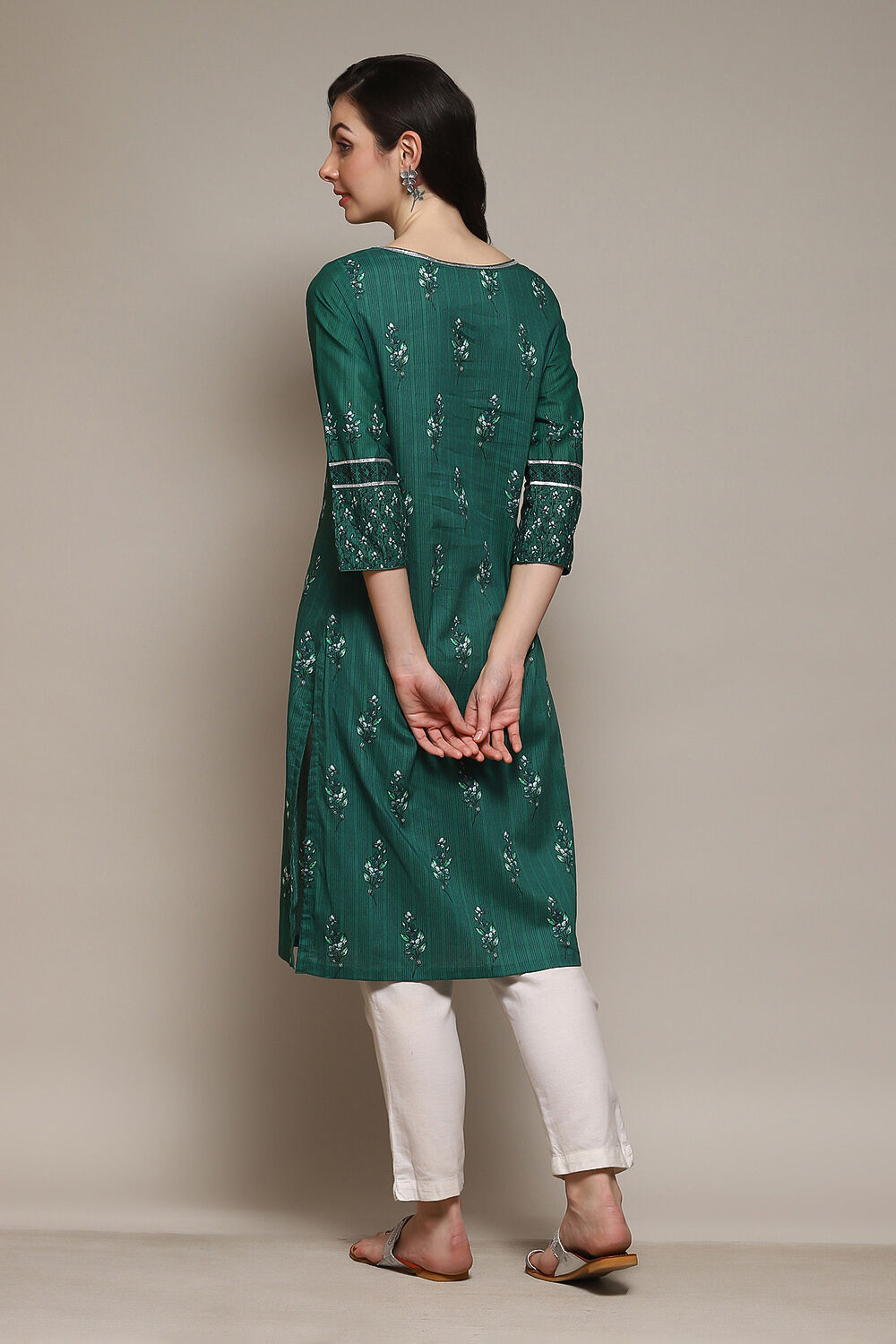 Green Cotton Straight Printed Kurta image number 4