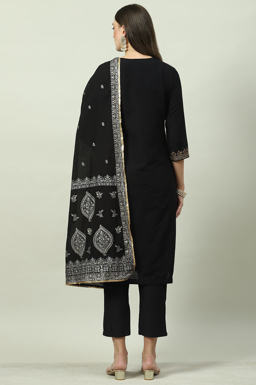 Black Poly Viscose A-Line Kurta Slim Pant Suit Set image number 4