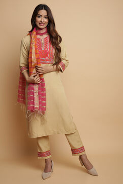 Beige Rayon Straight Kurta Regular Pant Suit Set image number 4