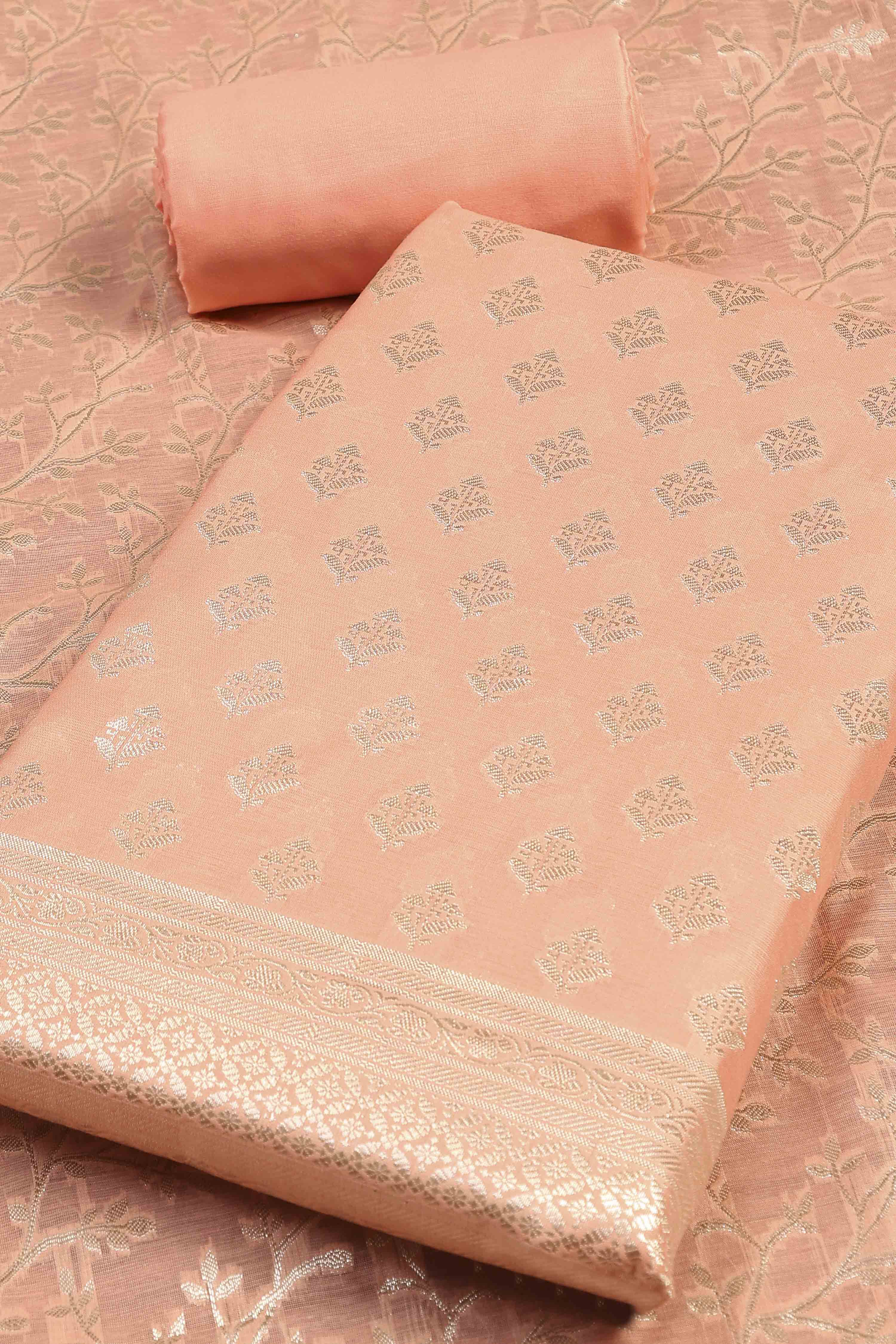 Peach Chanderi Printed Unstitched Suit Set image number 1