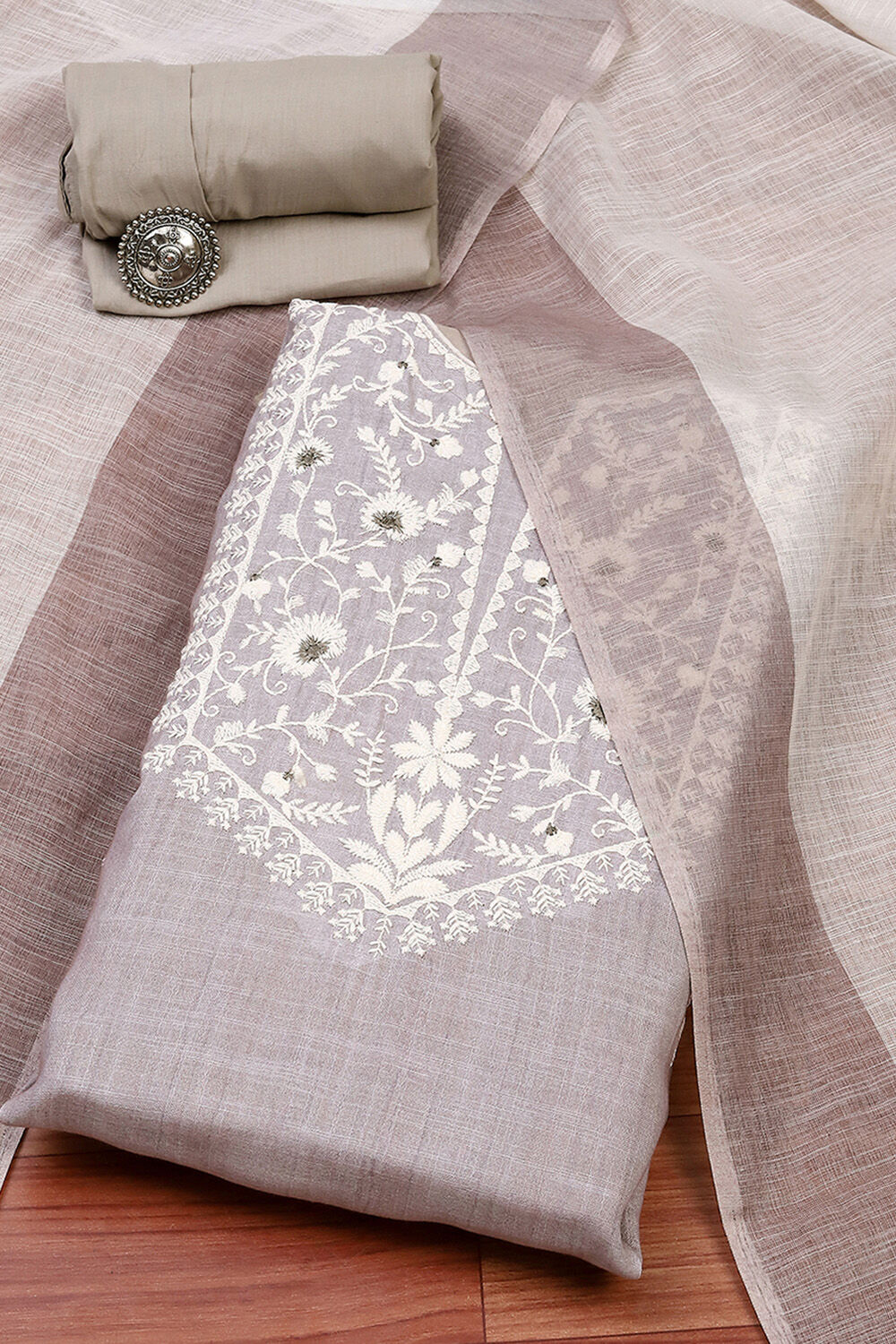 Teal Cotton Embroidered Unstitched Suit Set image number 0