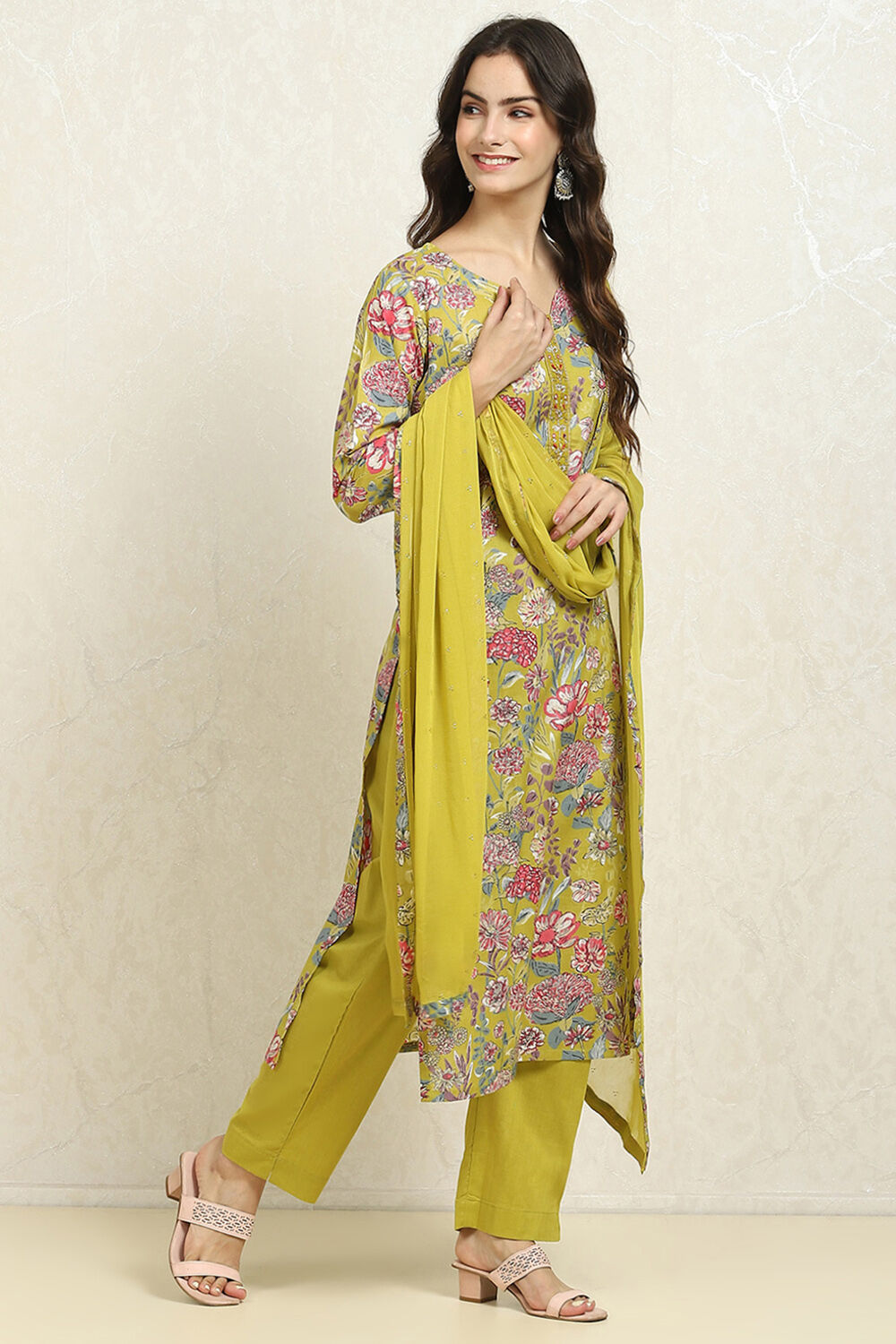 Green Cotton Floral Unstitched Suit Set image number 6