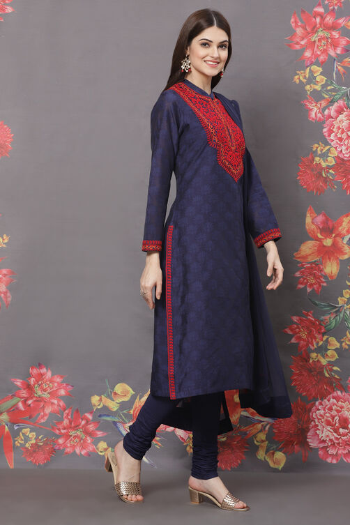 Rohit Bal Blue Silk Straight Embroidered Suit Set Kurta, Churidar ...