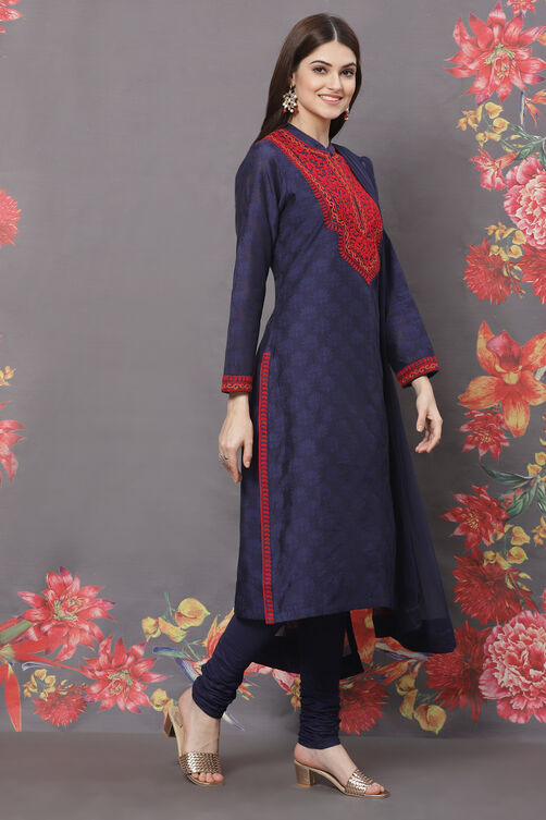 Rohit Bal Blue Silk Straight Embroidered Suit Set image number 6