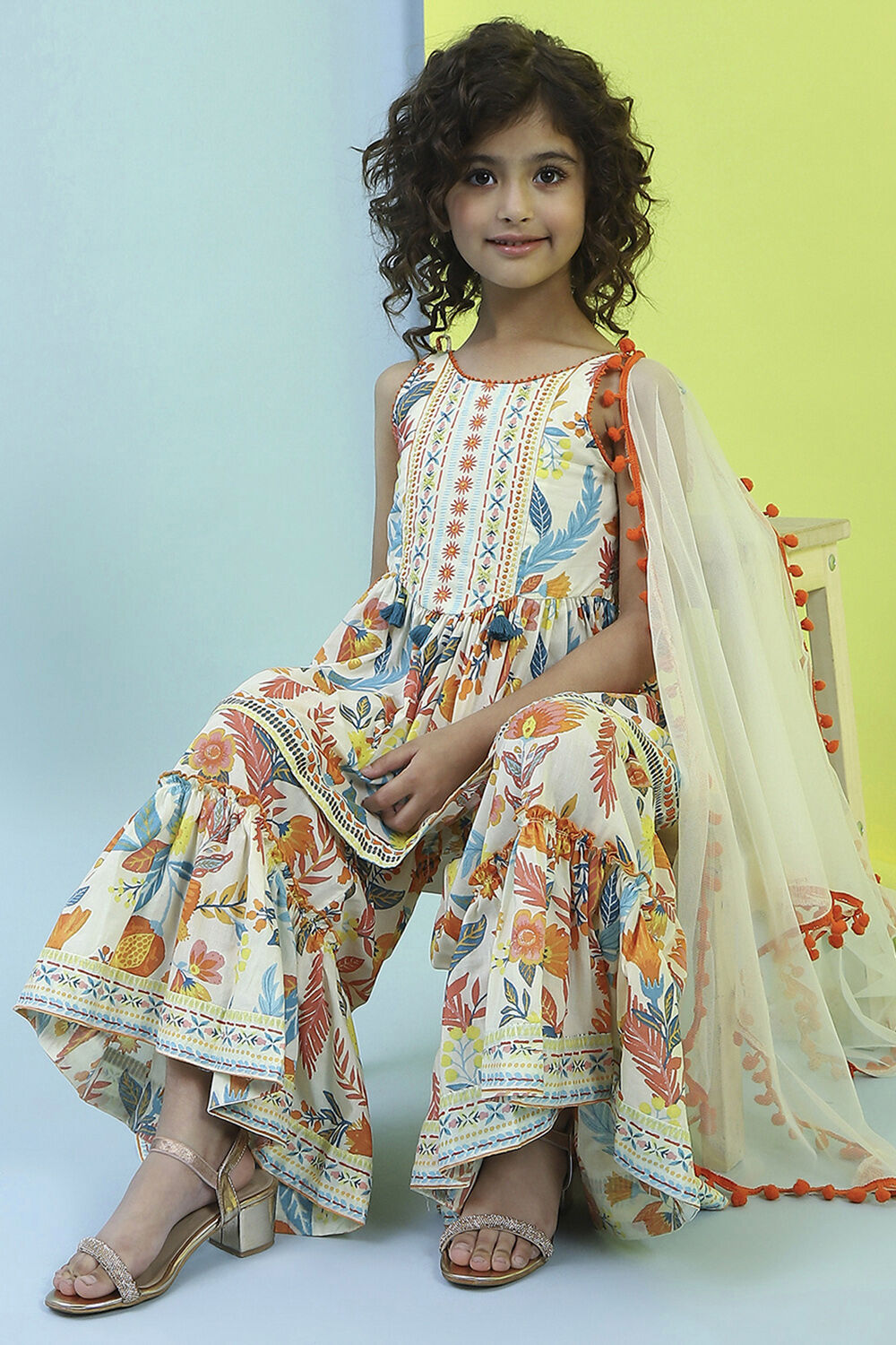 Multi-Colored Printed Gathered Suit Set image number 0