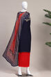 Blue and Red Chanderi Embroidered Unstitched Suit Set image number 5