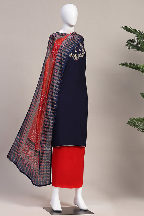 Blue and Red Chanderi Embroidered Unstitched Suit Set image number 5