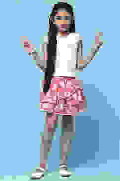 Red Printed Cambric Layered Skirt With Embroidered Waist image number 0