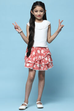 Red Printed Cambric Layered Skirt With Embroidered Waist image number 0
