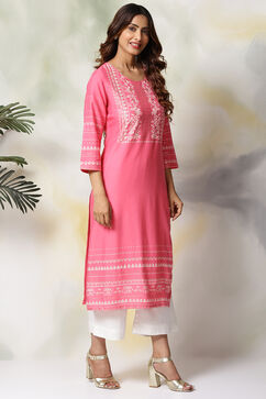 Pink Rayon Straight Kurta Pants Set image number 3