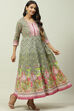 Olive Green Cotton Flared Printed Dress image number 2