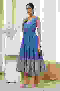 Blue Cotton Printed Tiered Dress image number 2