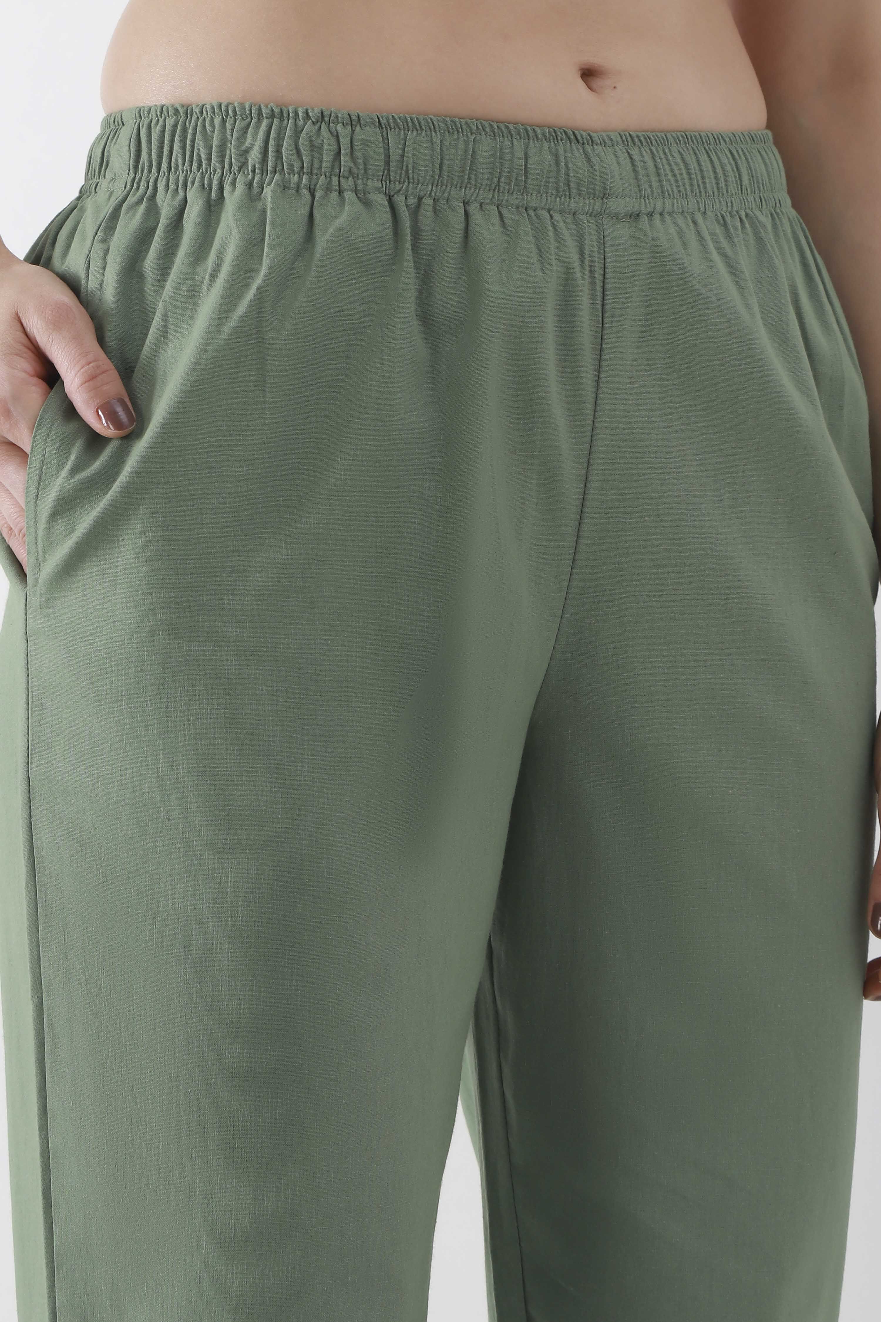 Green Cotton Solid Fitted Pants image number 1