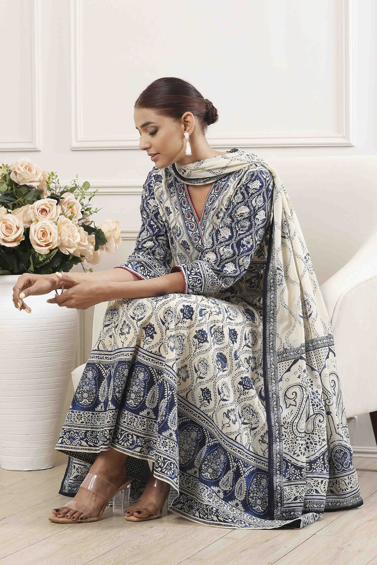 Indigo and Off-White Cotton Angrakha Anarkali Suit Set
