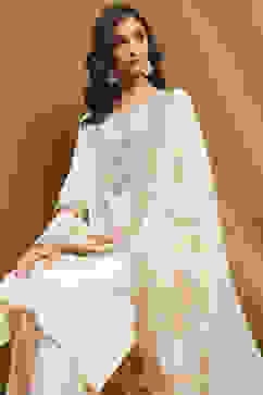 Off-White Silk Embroidered Festive Straight Suit Set image number 7