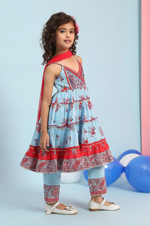 Sky Blue Cotton Printed Tiered Suit Set image number 5