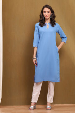 Blue Cotton Blend Solid Straight Kurta image number 5