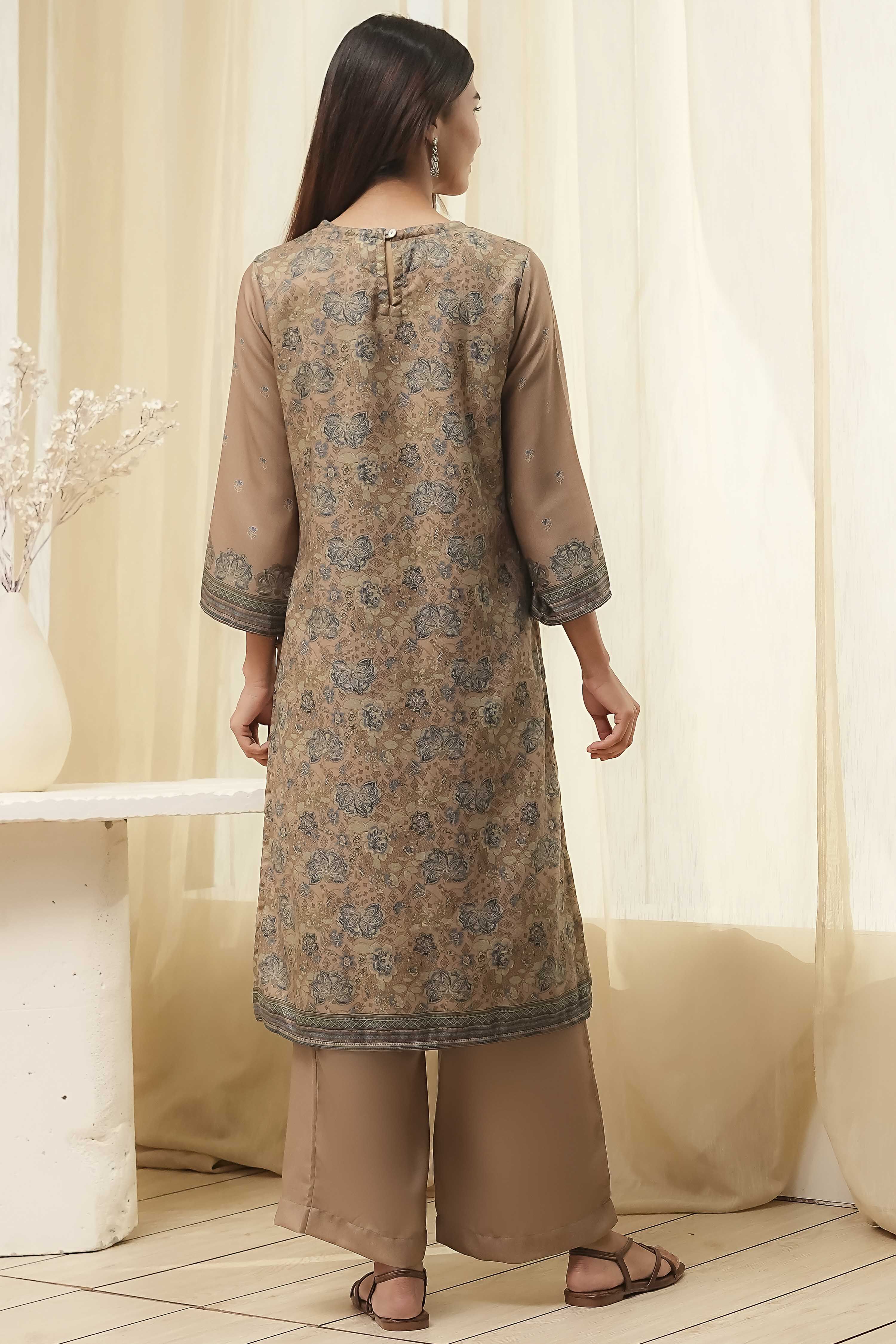 Camel Art Silk Straight Suit Set image number 4