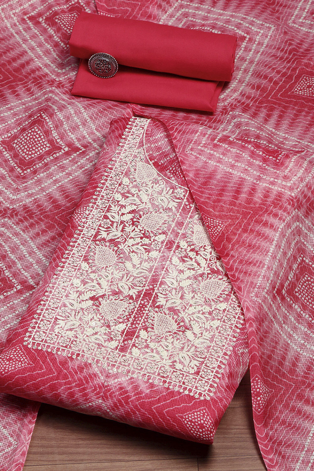 Pink Cotton Machine Embroidered Unstitched Suit Set image number 0