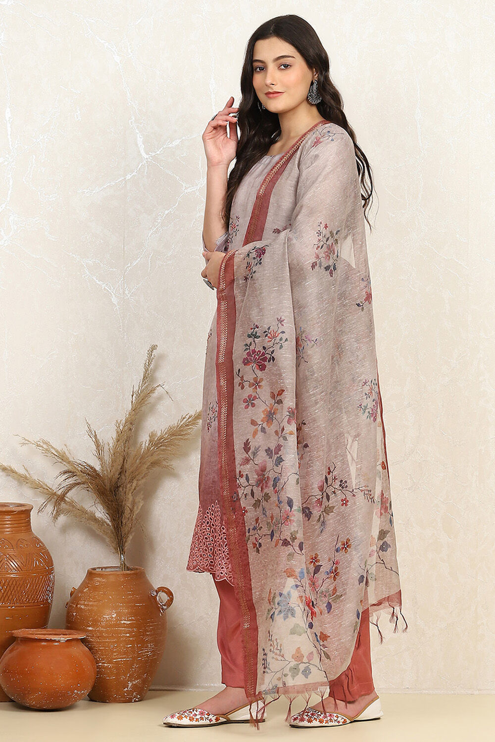 Rust Linen Printed Unstitched Suit Set image number 4