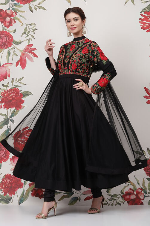 Rohit Bal Black Cotton Silk Anarkali Yarndyed Suit Set image number 7