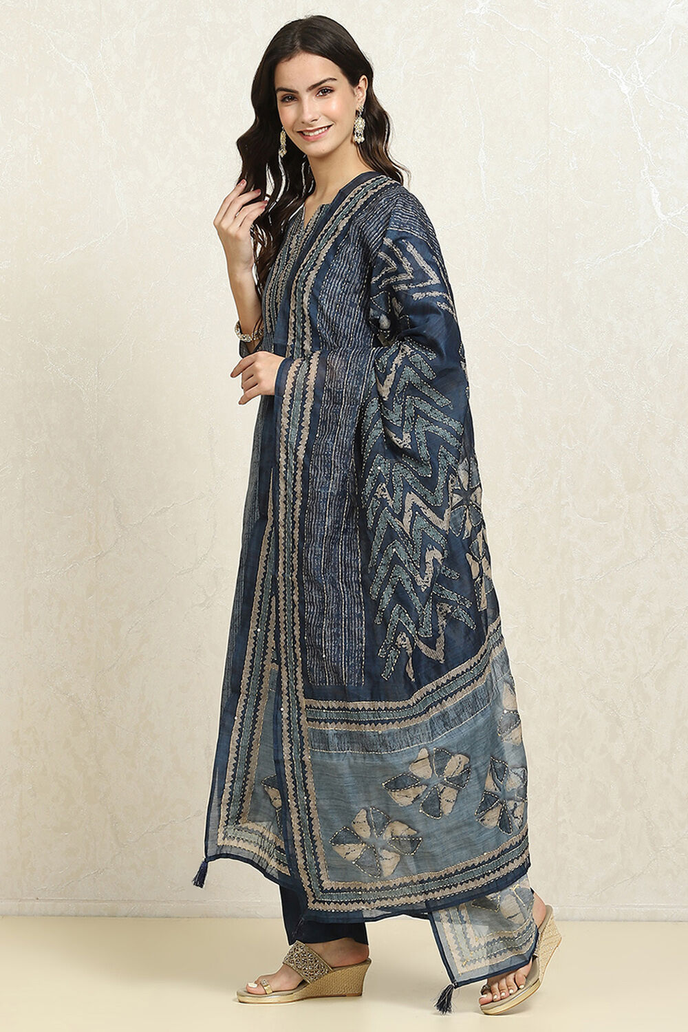 Grey Chanderi Blend Printed Unstitched Suit Set image number 4