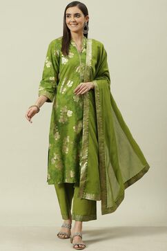 Mehndi Printed Cotton Straight Kurta Palazzo Suit Set image number 0