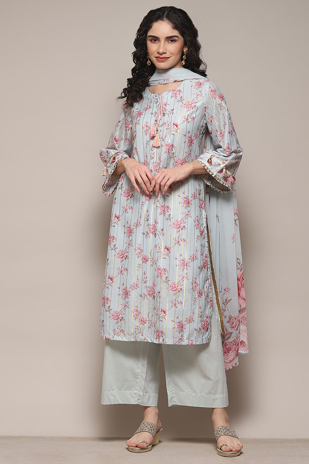 Grey Cambric Straight Kurta Palazzo Suit Set image number 7