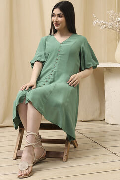 Green Solid A-Line Dress image number 0