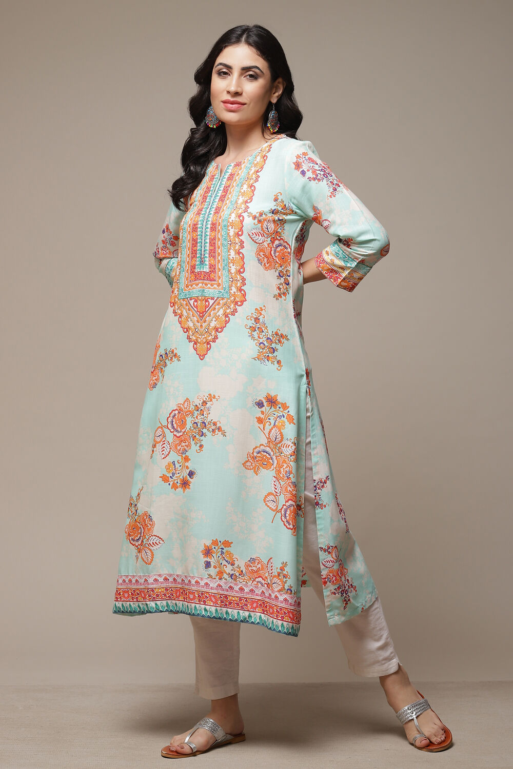 Sky Blue Printed Straight Kurta image number 0