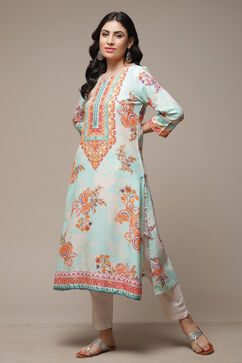Sky Blue LIVA Straight Printed Kurta image number 0