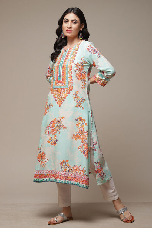 Sky Blue LIVA Straight Printed Kurta image number 0